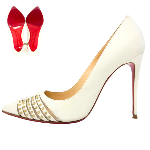 Christian Louboutin Shoes - Christian Louboutin White Leather Gold Spike Stud High Heels Pumps EU 37.5